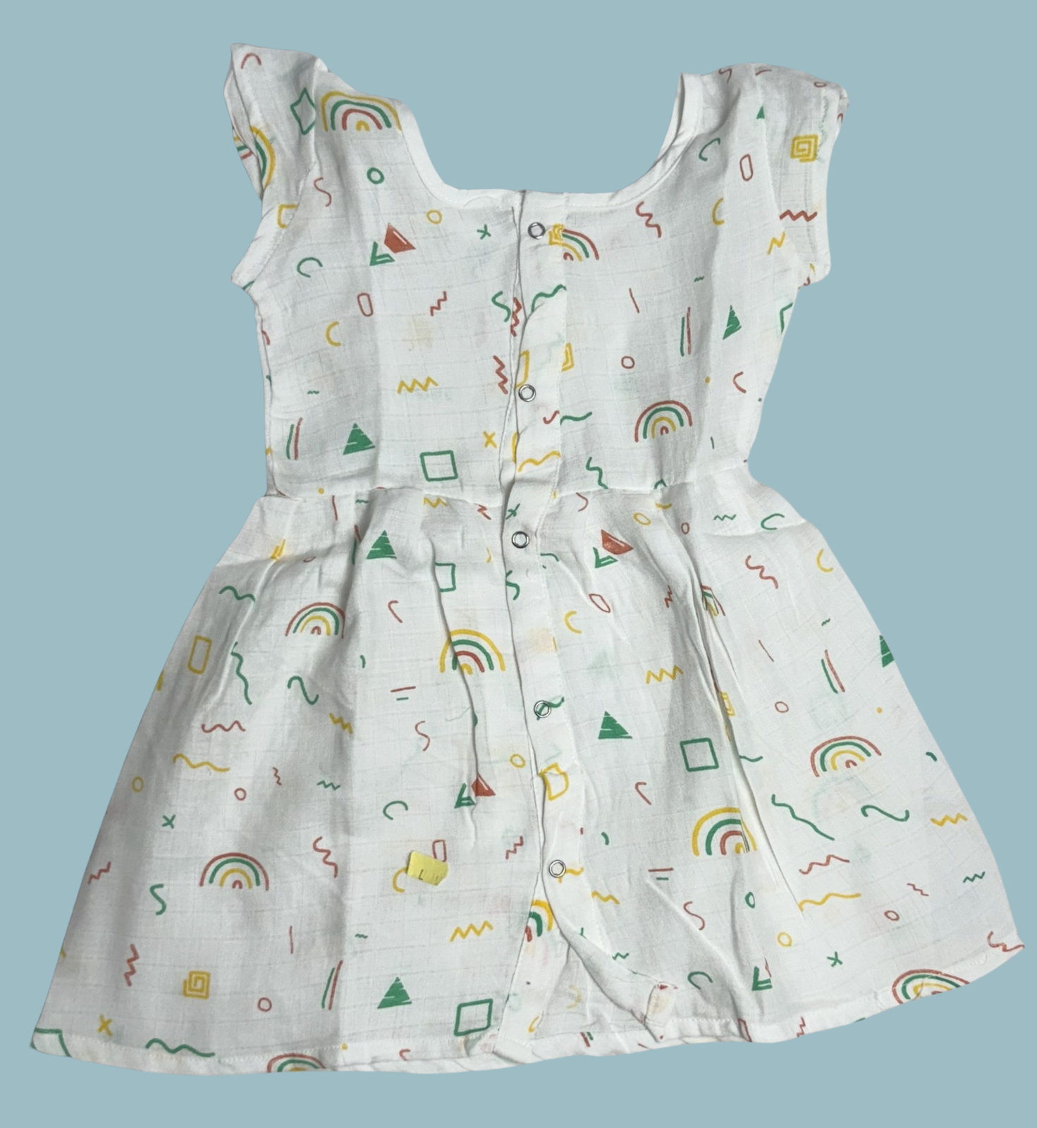 Muslin Baby Frock with Frill Sleeves – Front Open | Rainbow & Shapes Print