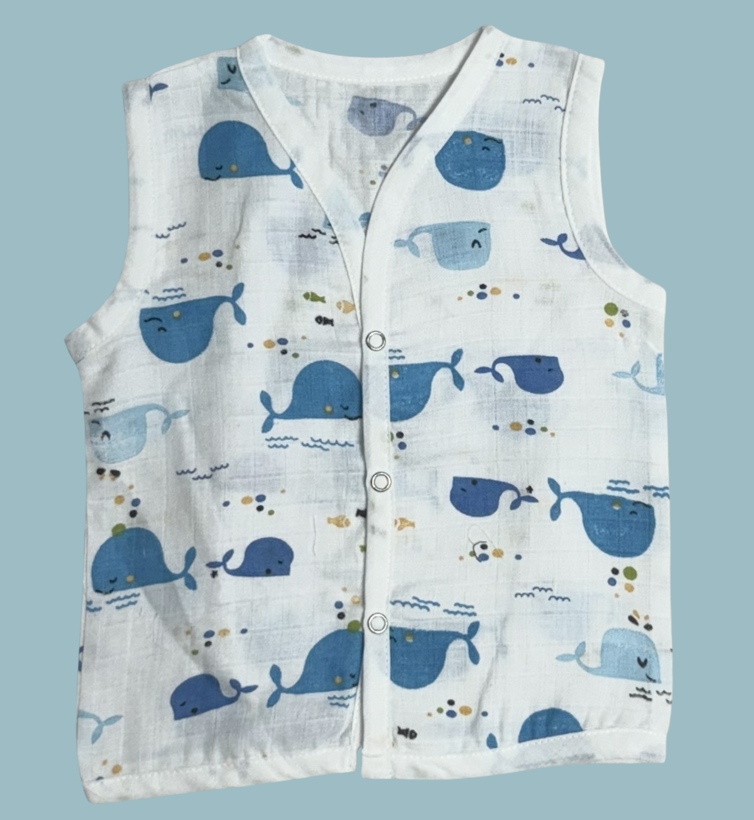 Muslin Cotton Baby Jabla Combo – Sleeveless Front Open | Whale, Stars & Cartoon Print (Pack of 3)