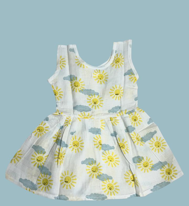 Muslin Cotton Baby Frock – Sleeveless Front Open | Sun & Cloud Print