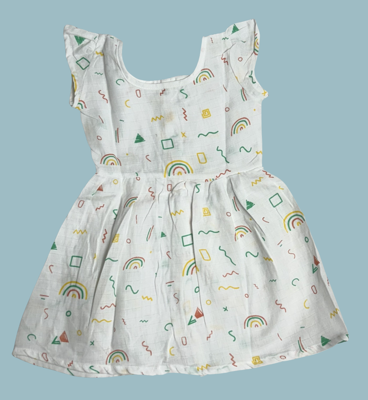Muslin Baby Frock with Frill Sleeves – Front Open | Rainbow & Shapes Print