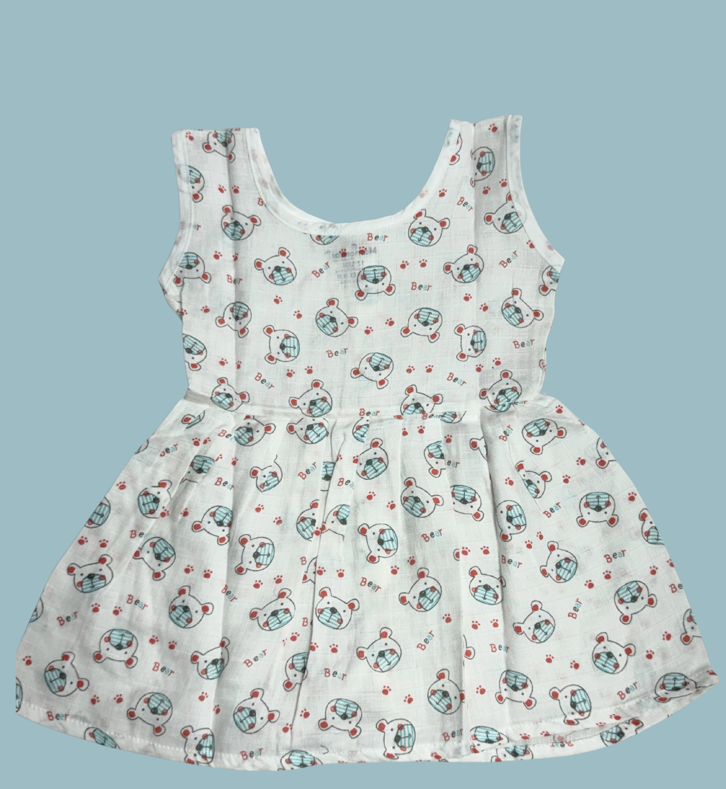 Muslin Cotton Baby Frock – Sleeveless Front Open | Cute Bear Print