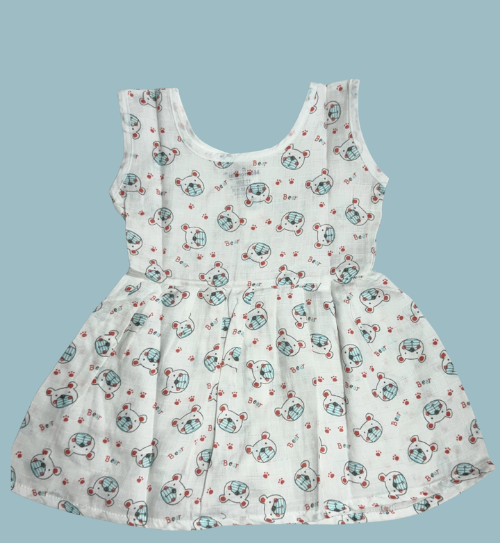 Muslin Cotton Baby Frock – Sleeveless Front Open | Cute Bear Print