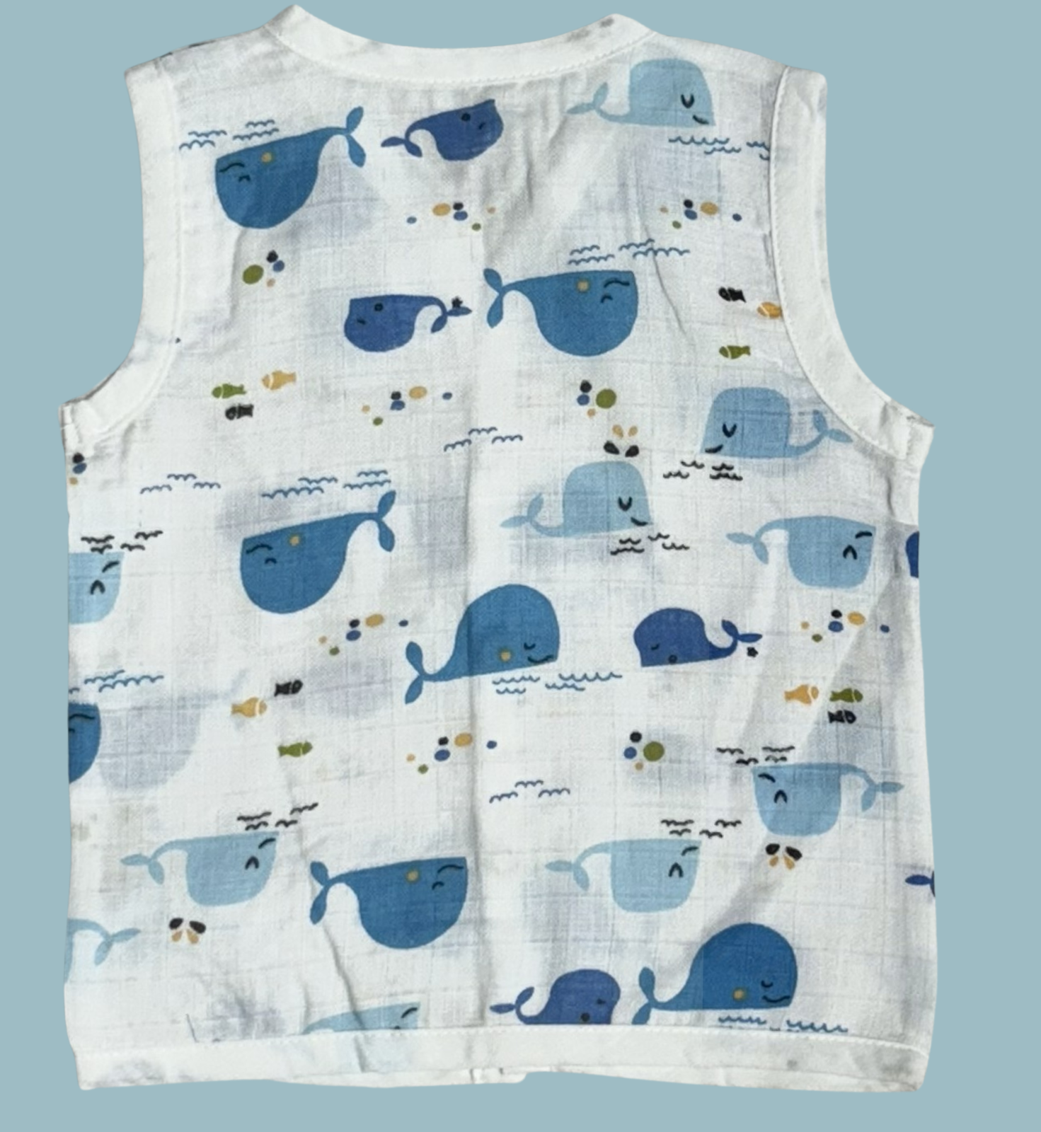 Muslin Cotton Baby Jabla Combo – Sleeveless Front Open | Whale, Stars & Cartoon Print (Pack of 3)