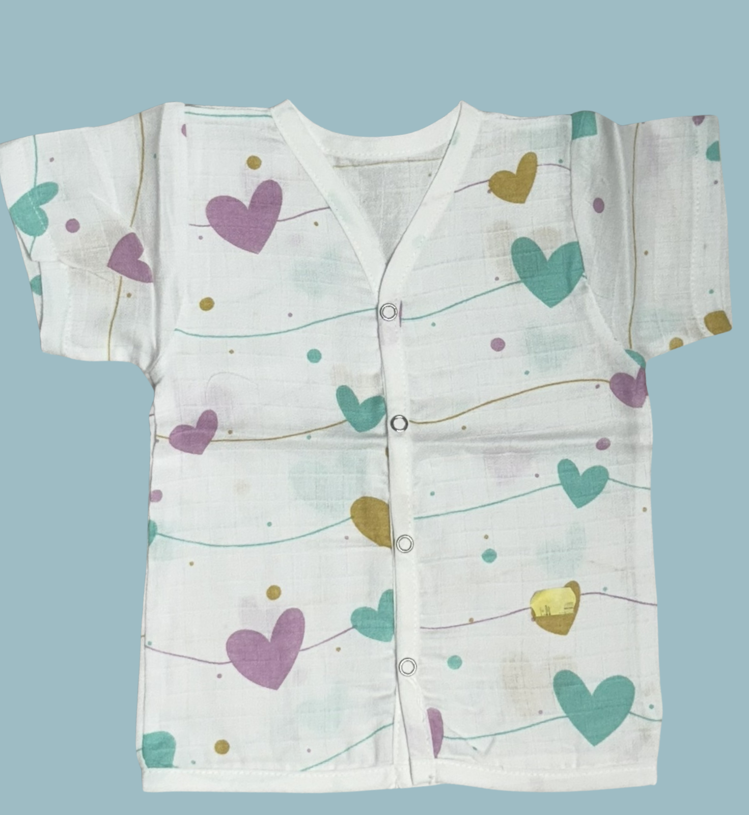 Baby Muslin Cotton Half Sleeve Button Jabla – Colorful Heart Print