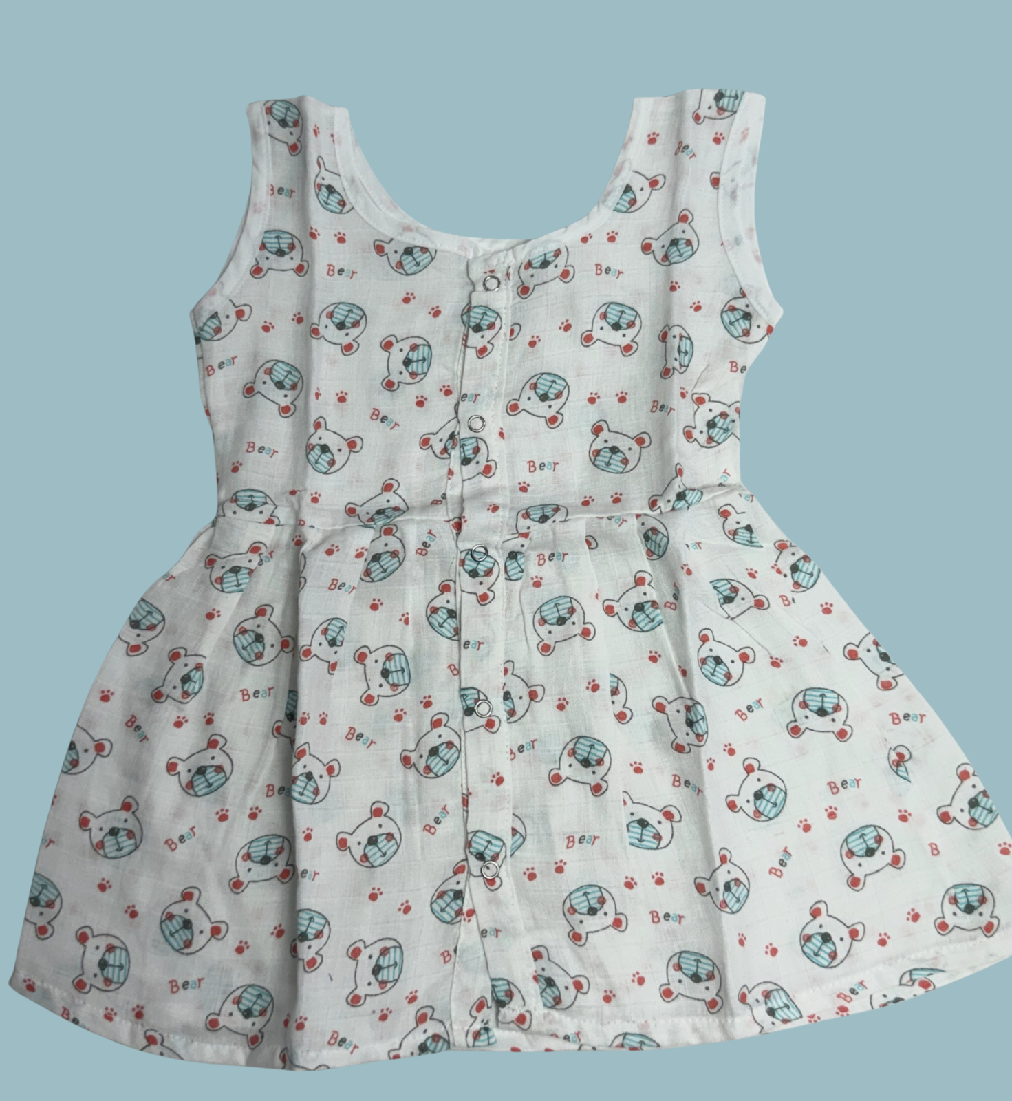 Muslin Cotton Baby Frock – Sleeveless Front Open | Cute Bear Print