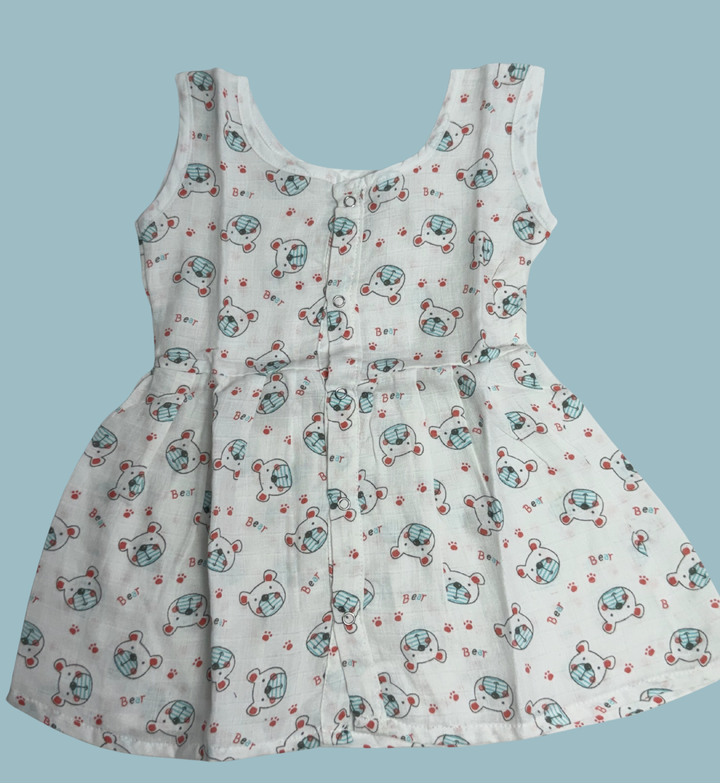 Muslin Cotton Baby Frock – Sleeveless Front Open | Cute Bear Print