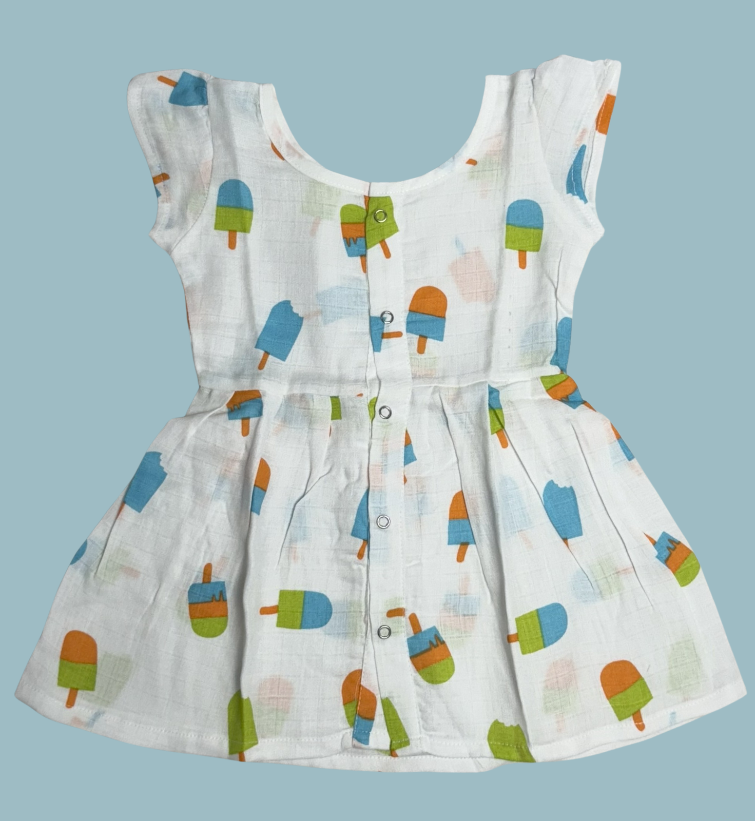 Muslin Baby Frock with Frill Sleeves – Front Open | Ice-Cream Print