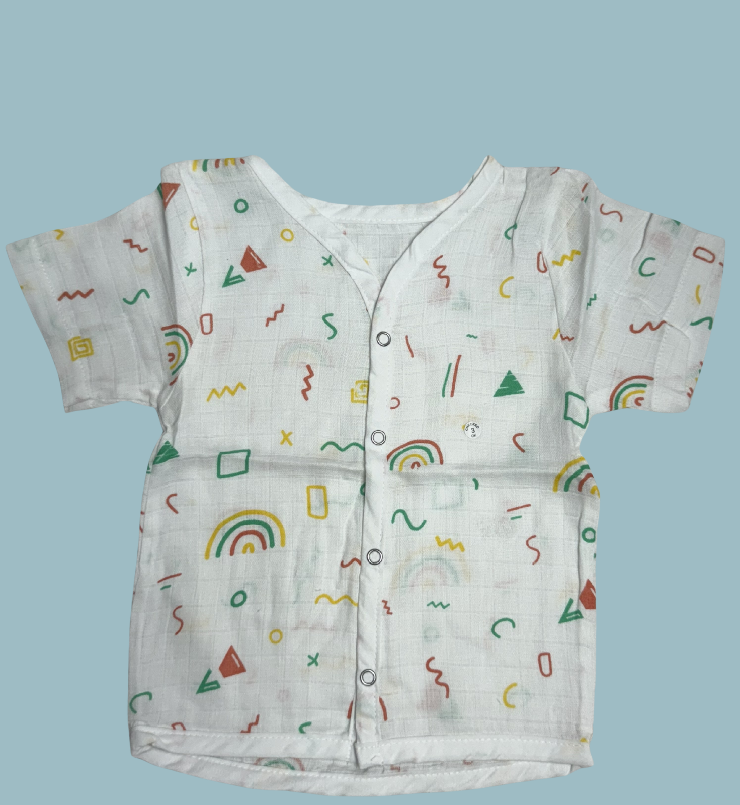 Baby Muslin Cotton Half Sleeve Button Jabla – Rainbow & Shapes Print