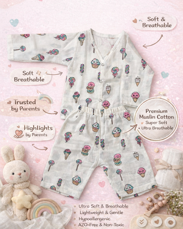 Premium Muslin Cotton Full sleeve Jabla Pyjama / Night Suit - Candy