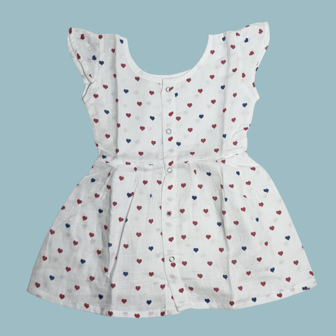 Muslin Baby Frock with Frill Sleeves – Front Open | Heart Print Design