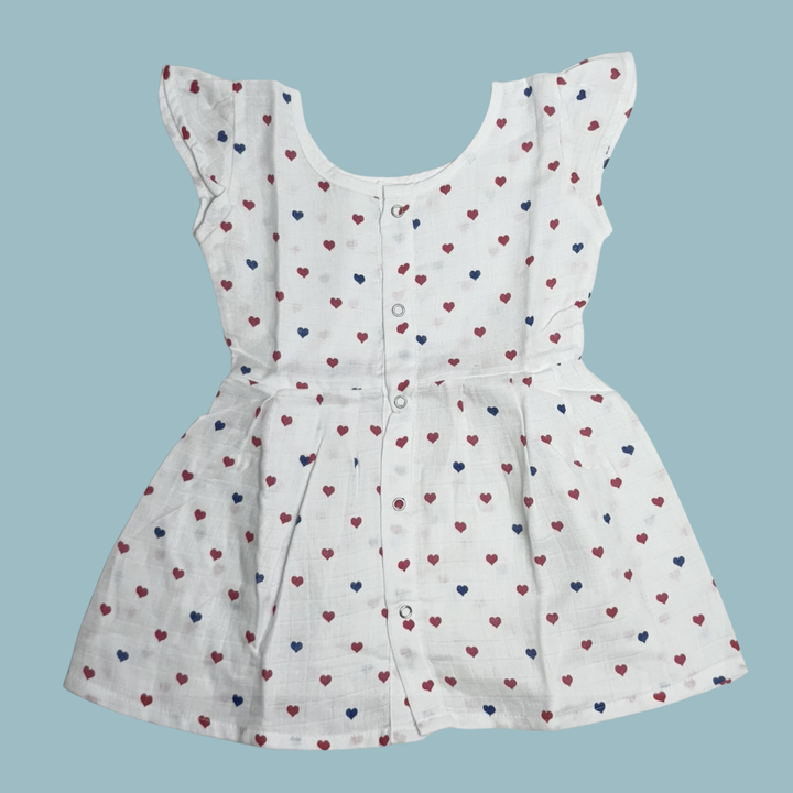 Muslin Baby Frock with Frill Sleeves – Front Open | Heart Print Design