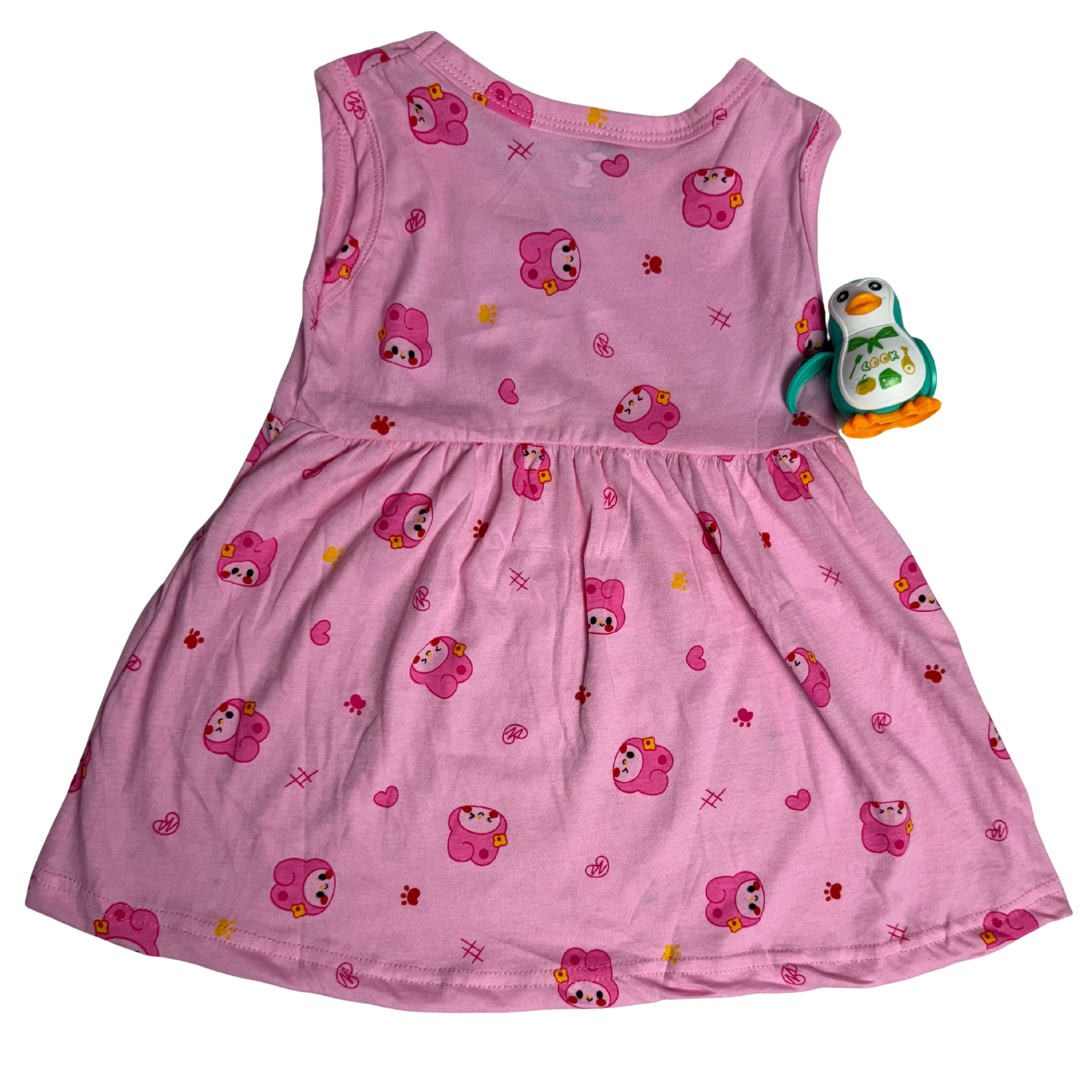 Baby Girl Sleeveless Cotton Frock – Pink Cartoon Print