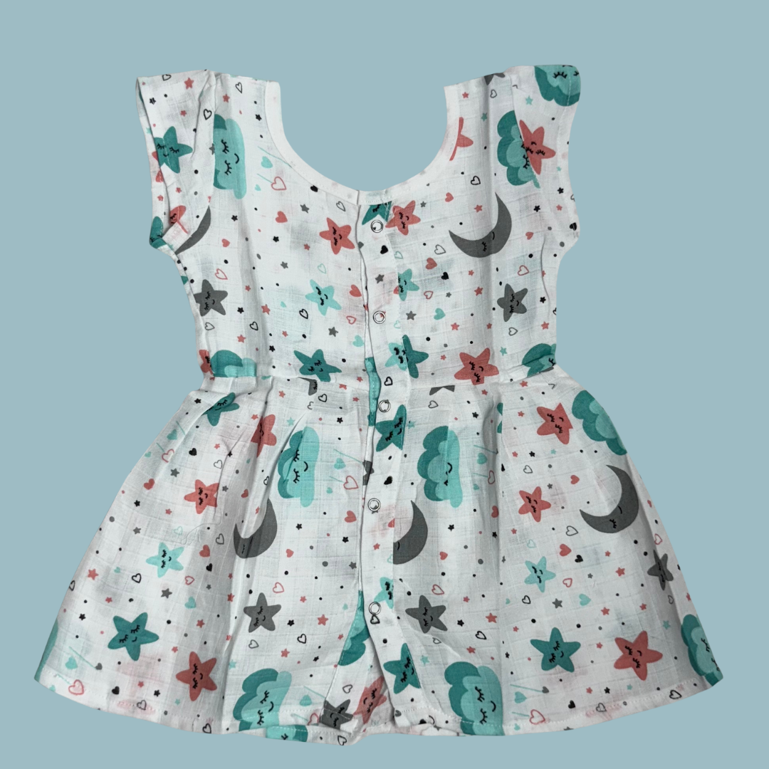 Muslin Baby Frock with Frill Sleeves – Front Open, Cloud & Star Print