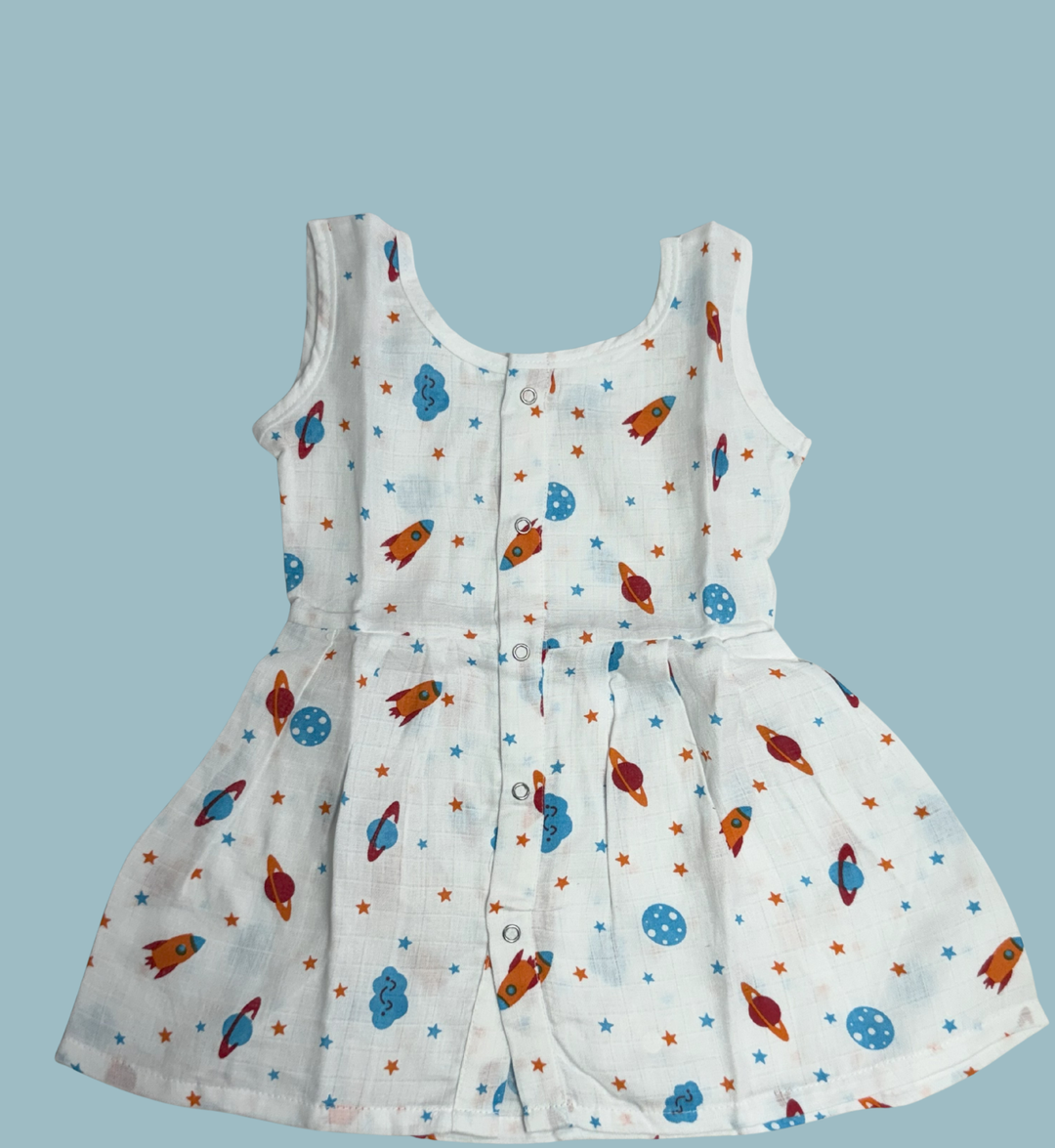 Muslin Cotton Baby Frock – Sleeveless Front Open | Space Rocket Print