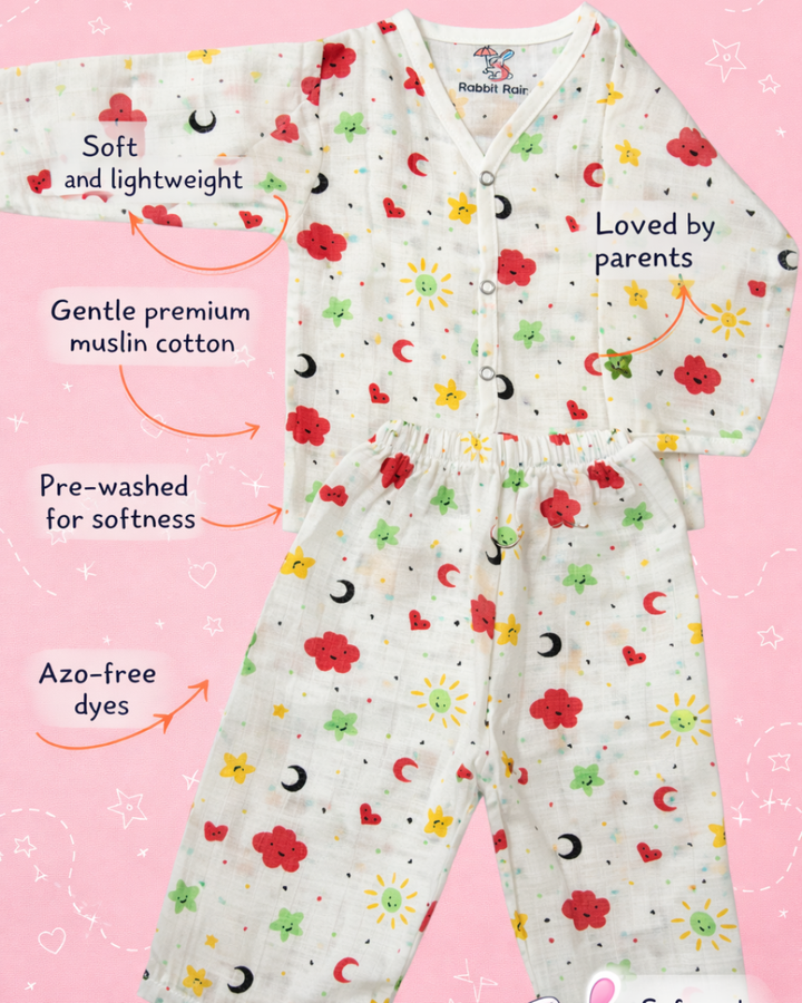 Premium Muslin Cotton Full sleeve Jabla Pyjama / Night Suit - Sun & Moon
