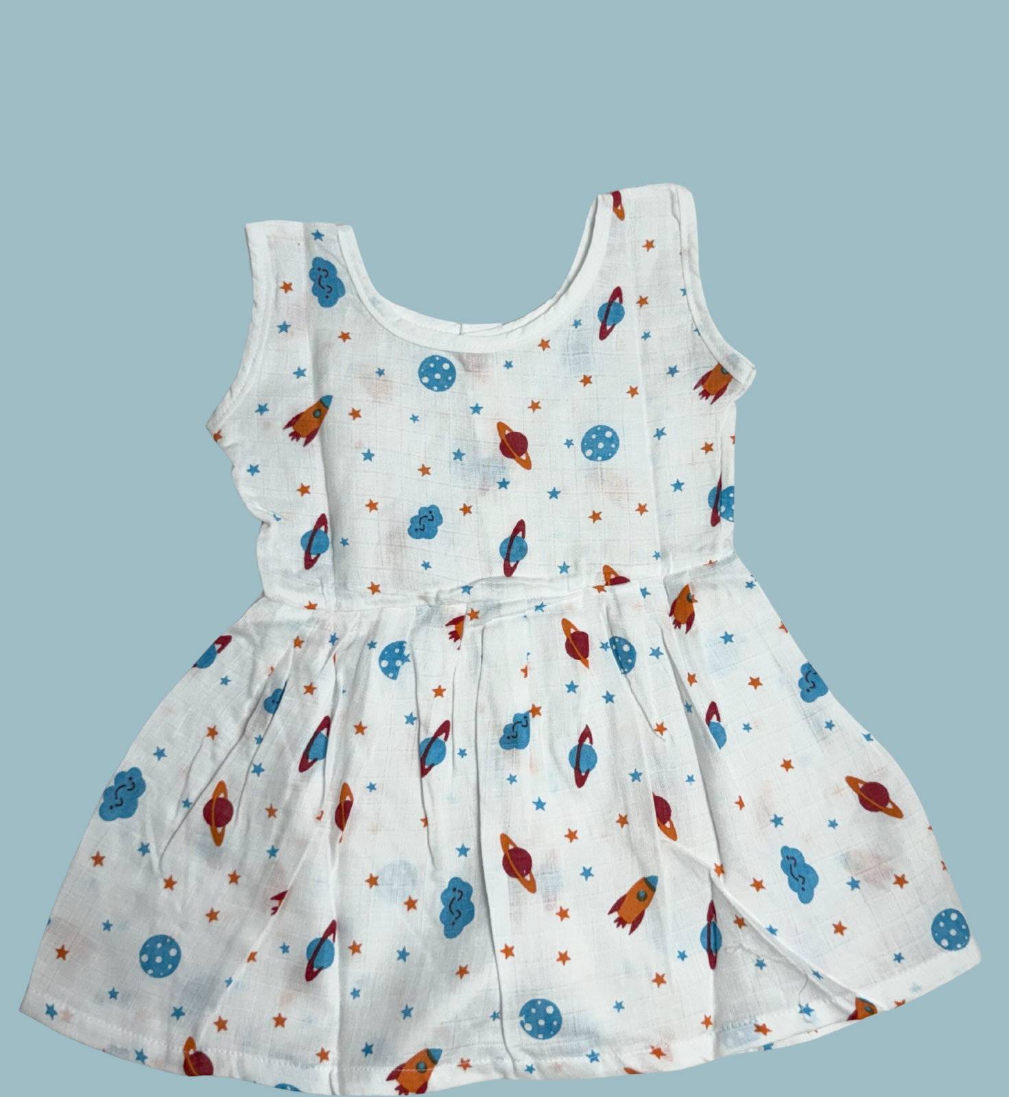 Muslin Cotton Baby Frock – Sleeveless Front Open | Space Rocket Print
