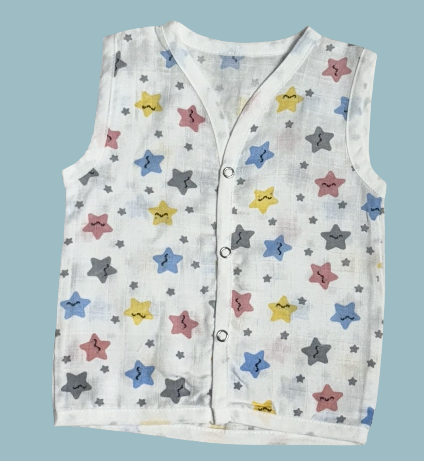 Muslin Cotton Baby Jabla Combo – Sleeveless Front Open | Whale, Stars & Cartoon Print (Pack of 3)