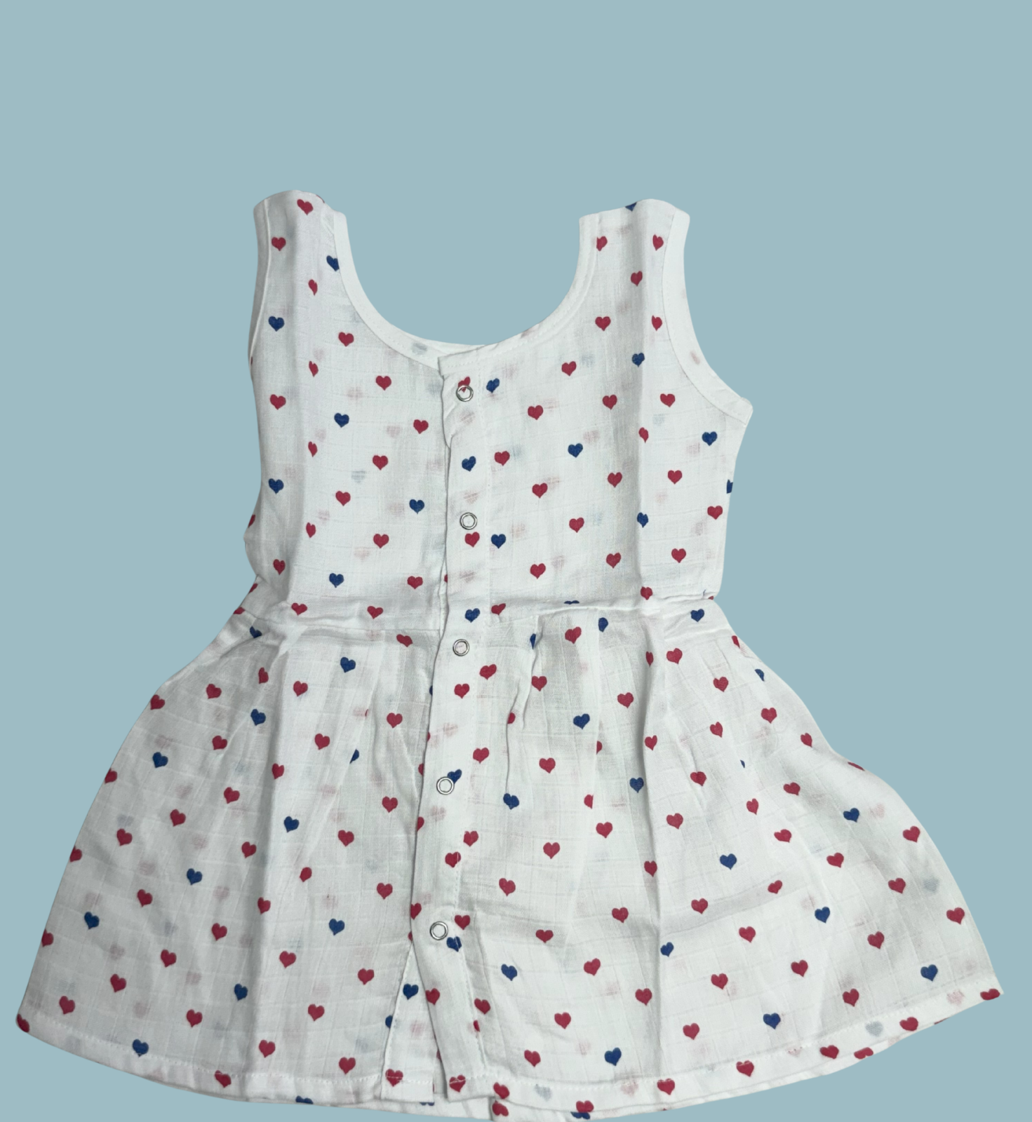 Muslin Cotton Baby Frock – Sleeveless Front Open | Heart Print