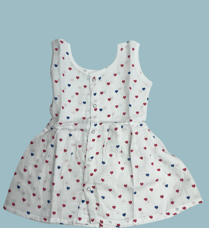 Muslin Cotton Baby Frock – Sleeveless Front Open | Heart Print