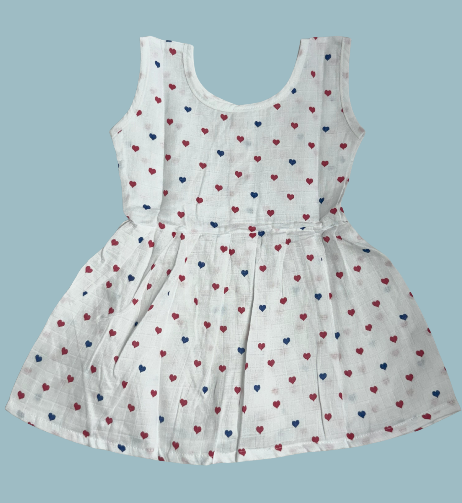 Muslin Cotton Baby Frock – Sleeveless Front Open | Heart Print