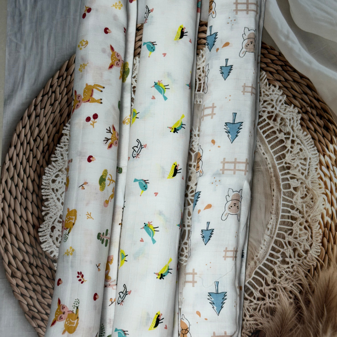 Muslin Cotton Baby Swaddle – 3 Pack Combo | Soft & Breathable 100 x 100 cm Blankets (Assorted Prints)