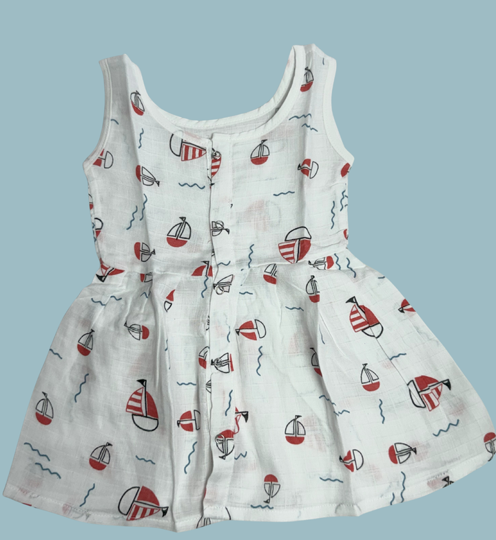 Muslin Cotton Baby Frock – Sleeveless Front Open | Sailboat Print