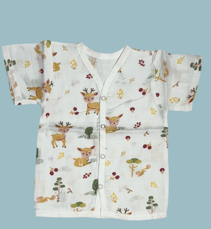 Baby Muslin Cotton Half Sleeve Button Jabla – Deer & Forest Print