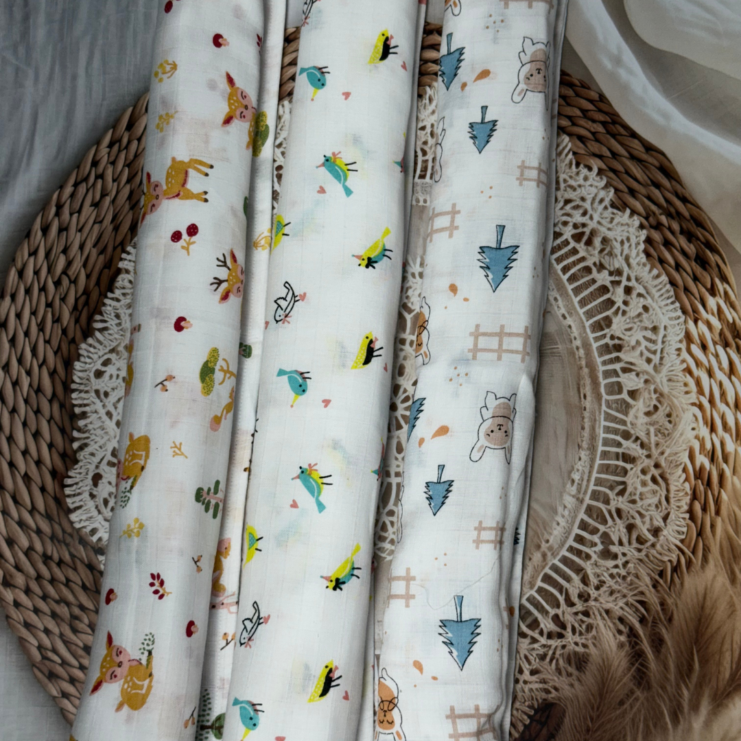 Muslin Cotton Baby Swaddle – 3 Pack Combo | Soft & Breathable 100 x 100 cm Blankets (Assorted Prints)