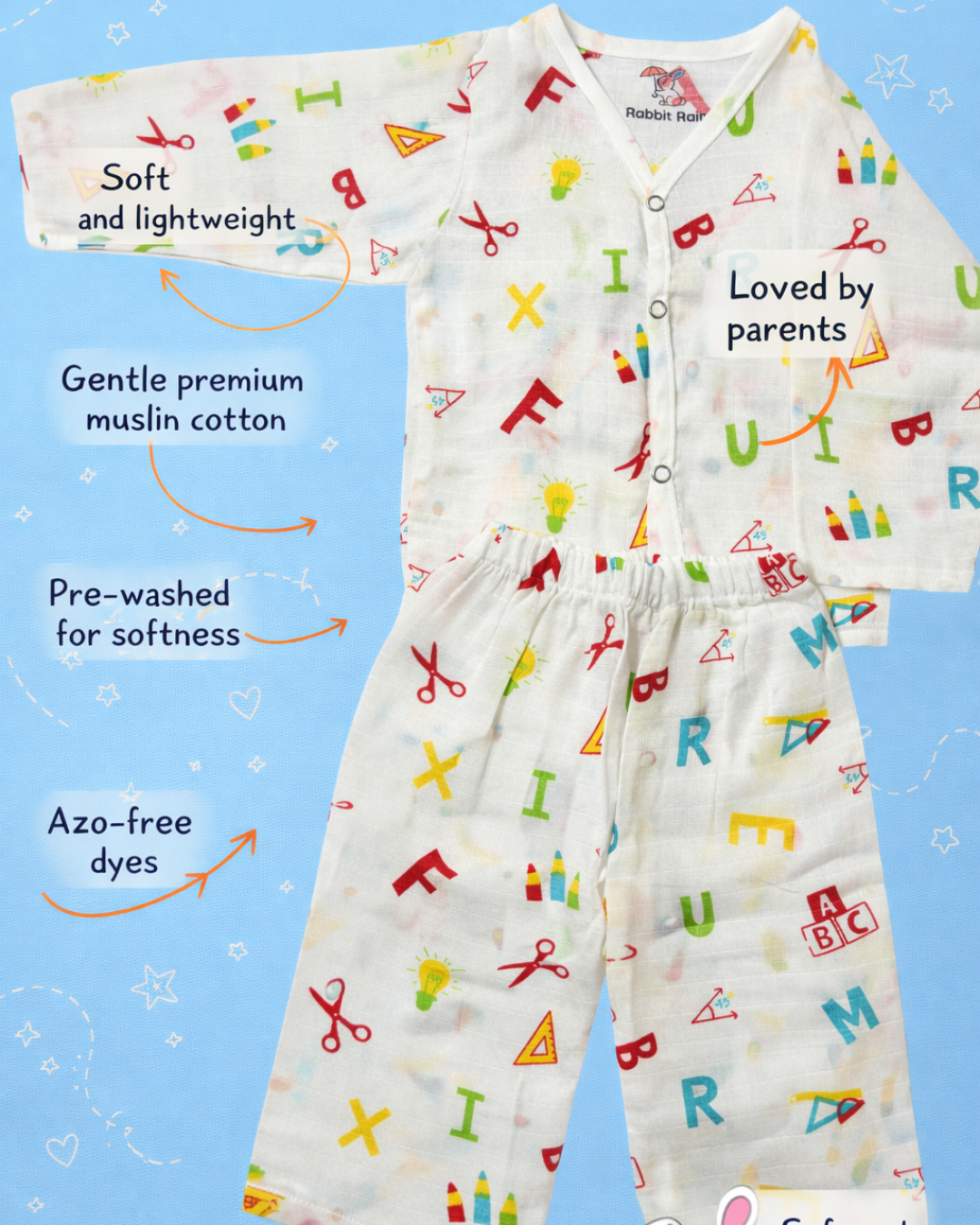 Premium Muslin Cotton Full sleeve Jabla Pyjama / Night Suit - Alphabet