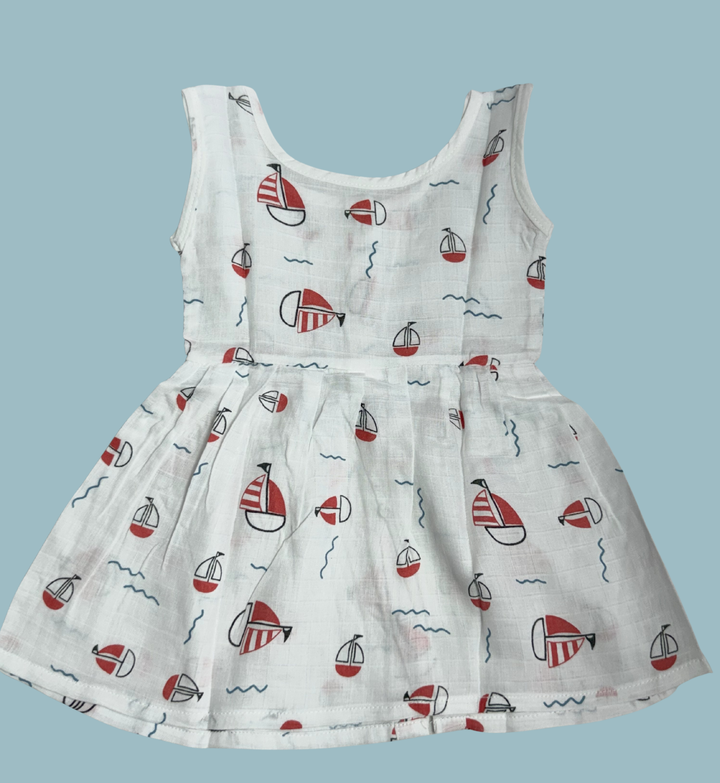 Muslin Cotton Baby Frock – Sleeveless Front Open | Sailboat Print