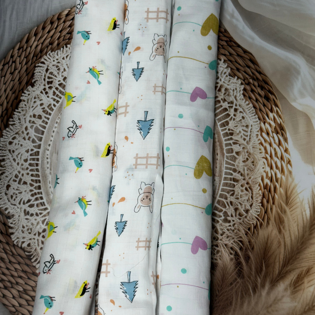 Muslin Cotton Baby Swaddle – 3 Pack Combo | Soft & Breathable 100 x 100 cm Blankets (Assorted Prints)