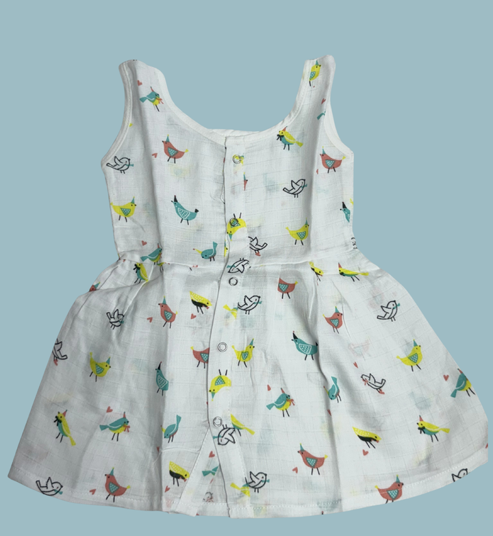 Muslin Cotton Baby Frock – Sleeveless Front Open | Colorful Bird Print