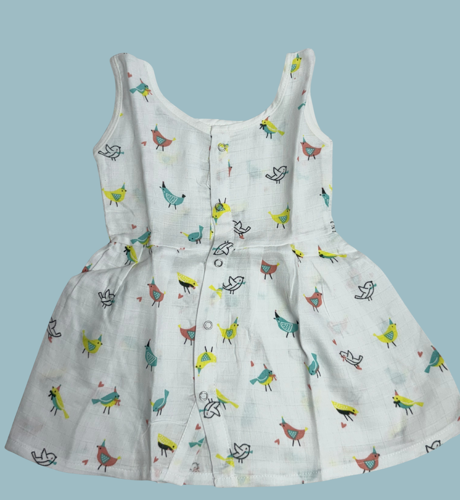 Muslin Cotton Baby Frock – Sleeveless Front Open | Colorful Bird Print