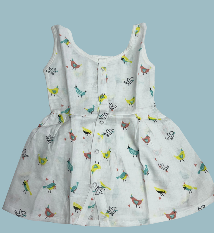Muslin Cotton Baby Frock – Sleeveless Front Open | Colorful Bird Print