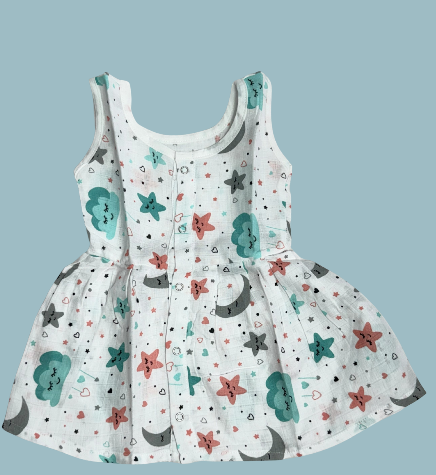 Muslin Cotton Baby Frock – Sleeveless Front Open | Moon, Cloud & Star Print