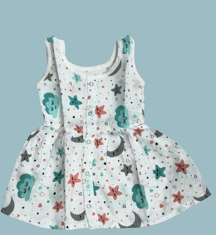 Muslin Cotton Baby Frock – Sleeveless Front Open | Moon, Cloud & Star Print