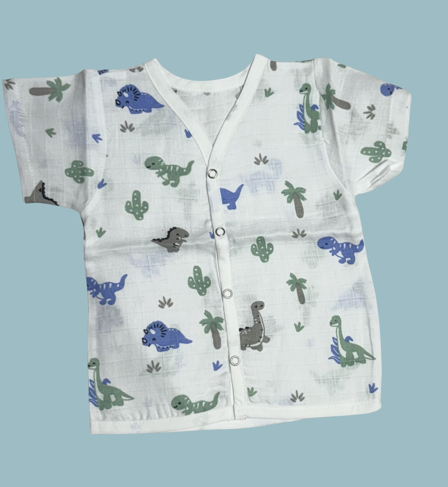 Baby Muslin Cotton Half Sleeve Button Jabla – Dinosaur Print