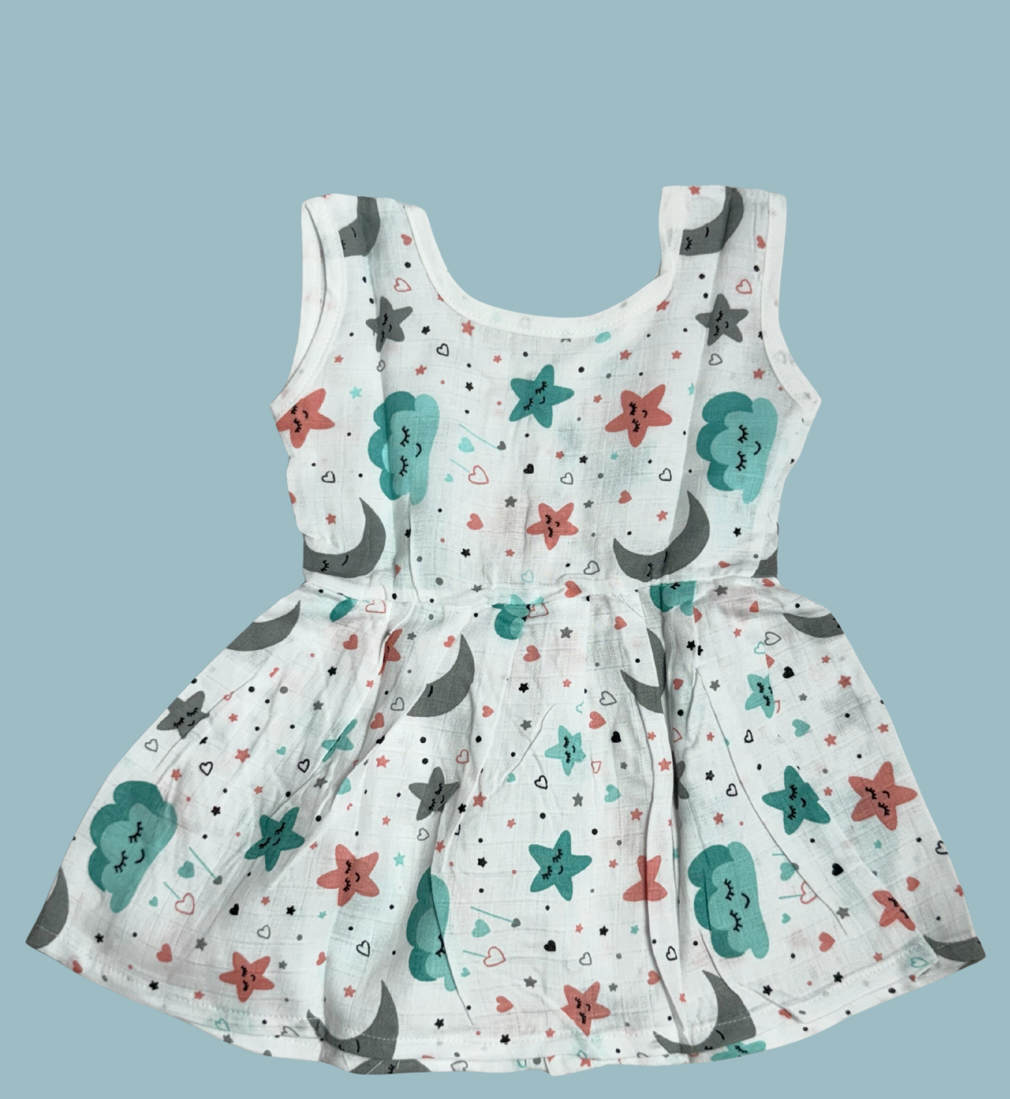 Muslin Cotton Baby Frock – Sleeveless Front Open | Moon, Cloud & Star Print