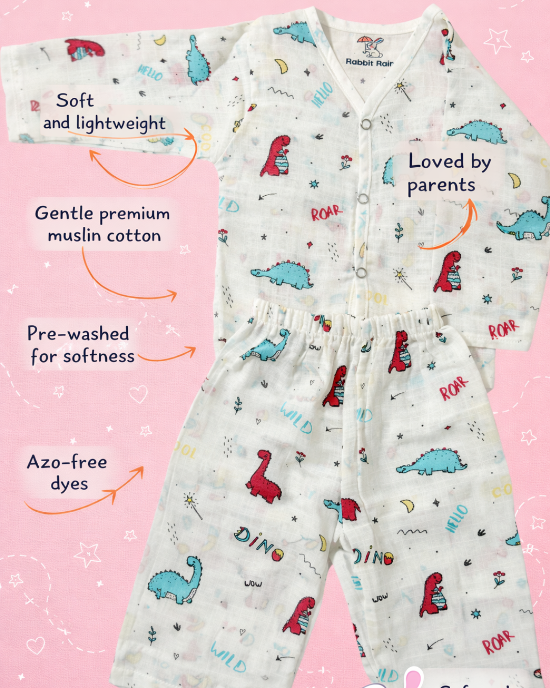Premium Muslin Cotton Full sleeve Jabla Pyjama / Night Suit - Dino