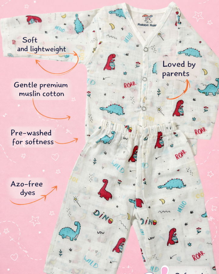 Premium Muslin Cotton Full sleeve Jabla Pyjama / Night Suit - Dino