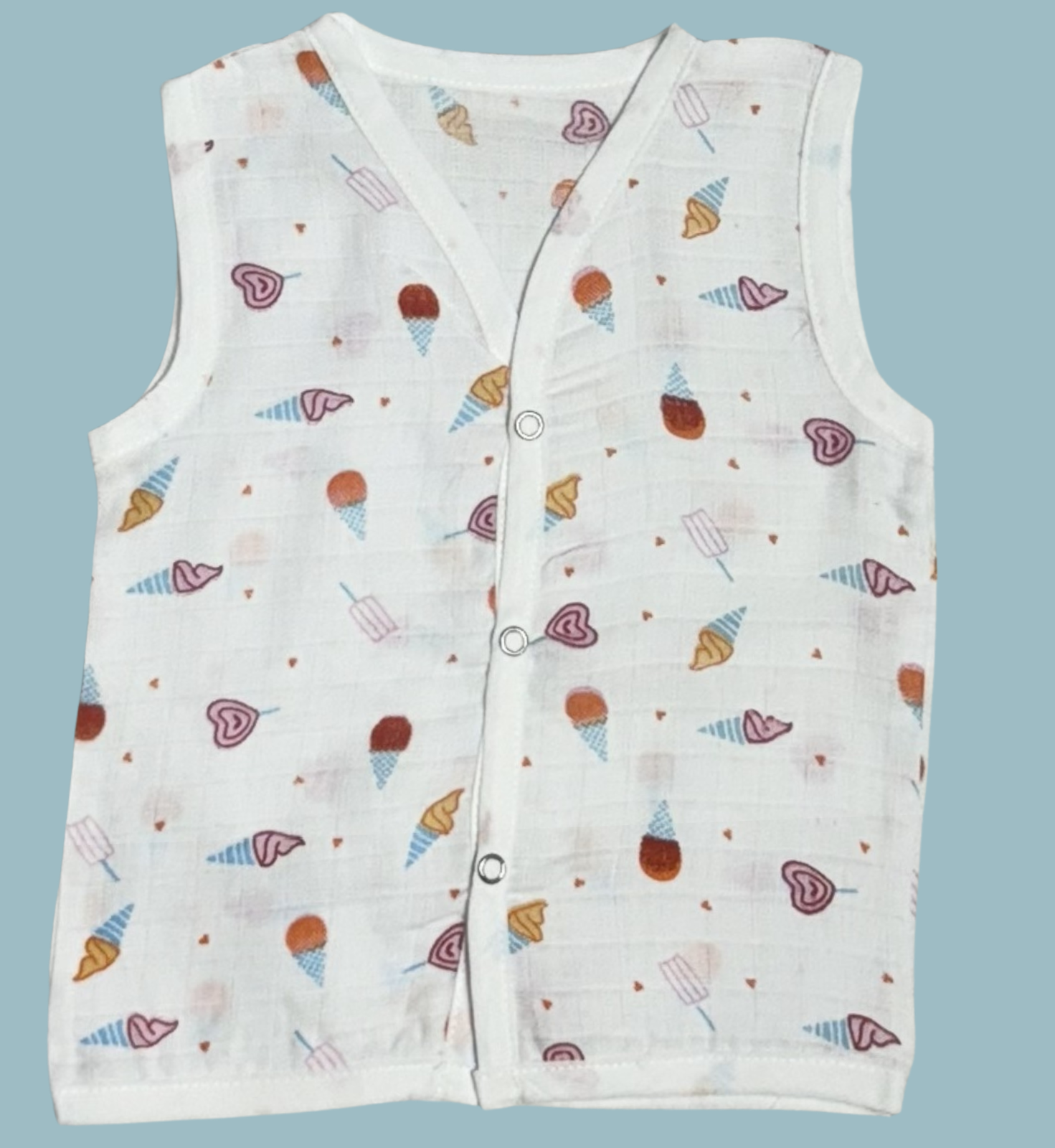 Muslin Cotton Baby Jabla – Ice Cream & Heart Print | Button Closure