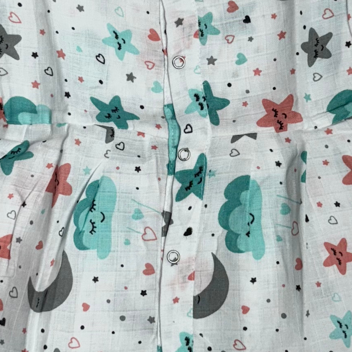 Muslin Baby Frock with Frill Sleeves – Front Open, Cloud & Star Print