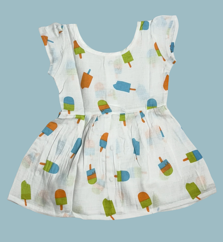 Muslin Baby Frock with Frill Sleeves – Front Open | Ice-Cream Print