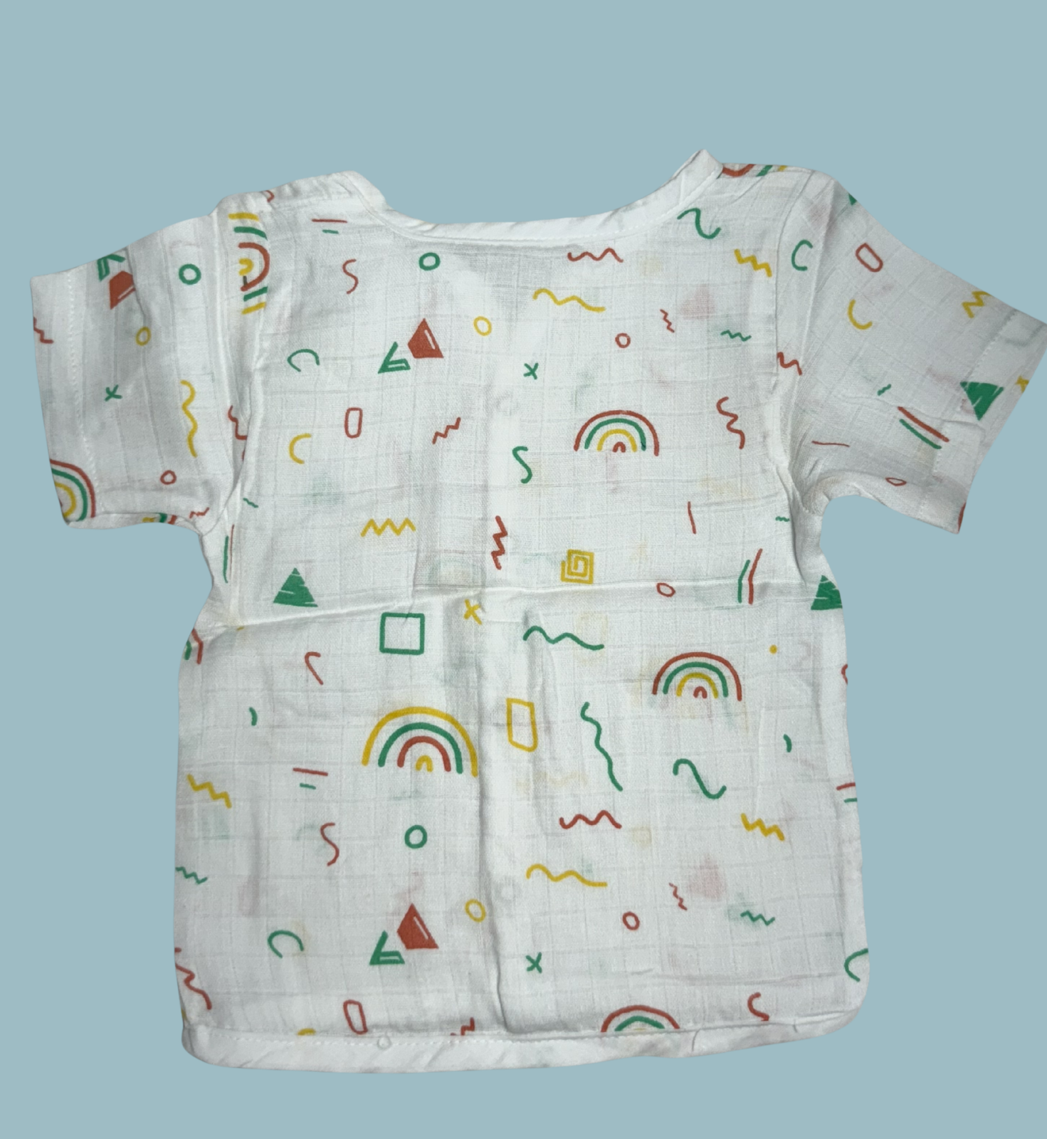 Baby Muslin Cotton Half Sleeve Button Jabla – Rainbow & Shapes Print