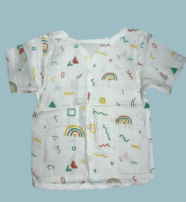 Baby Muslin Cotton Half Sleeve Button Jabla – Rainbow & Shapes Print