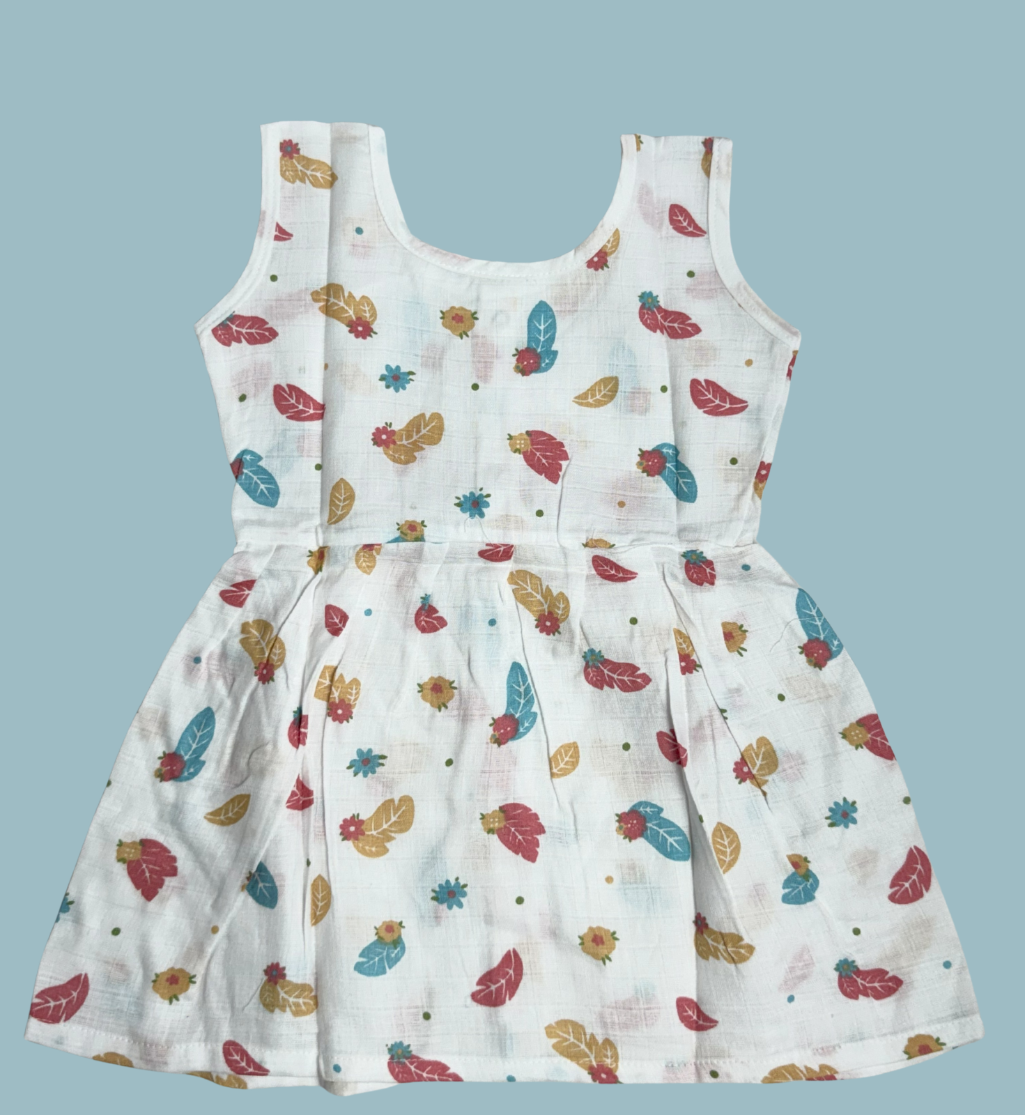 Muslin Cotton Baby Frock – Sleeveless Front Open | Leaf & Flower Print