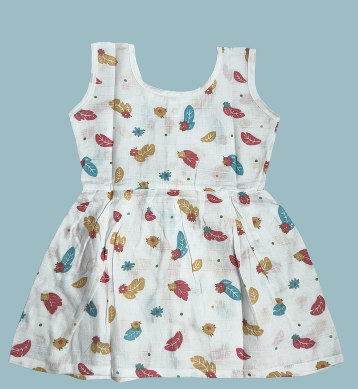 Muslin Cotton Baby Frock – Sleeveless Front Open | Leaf & Flower Print