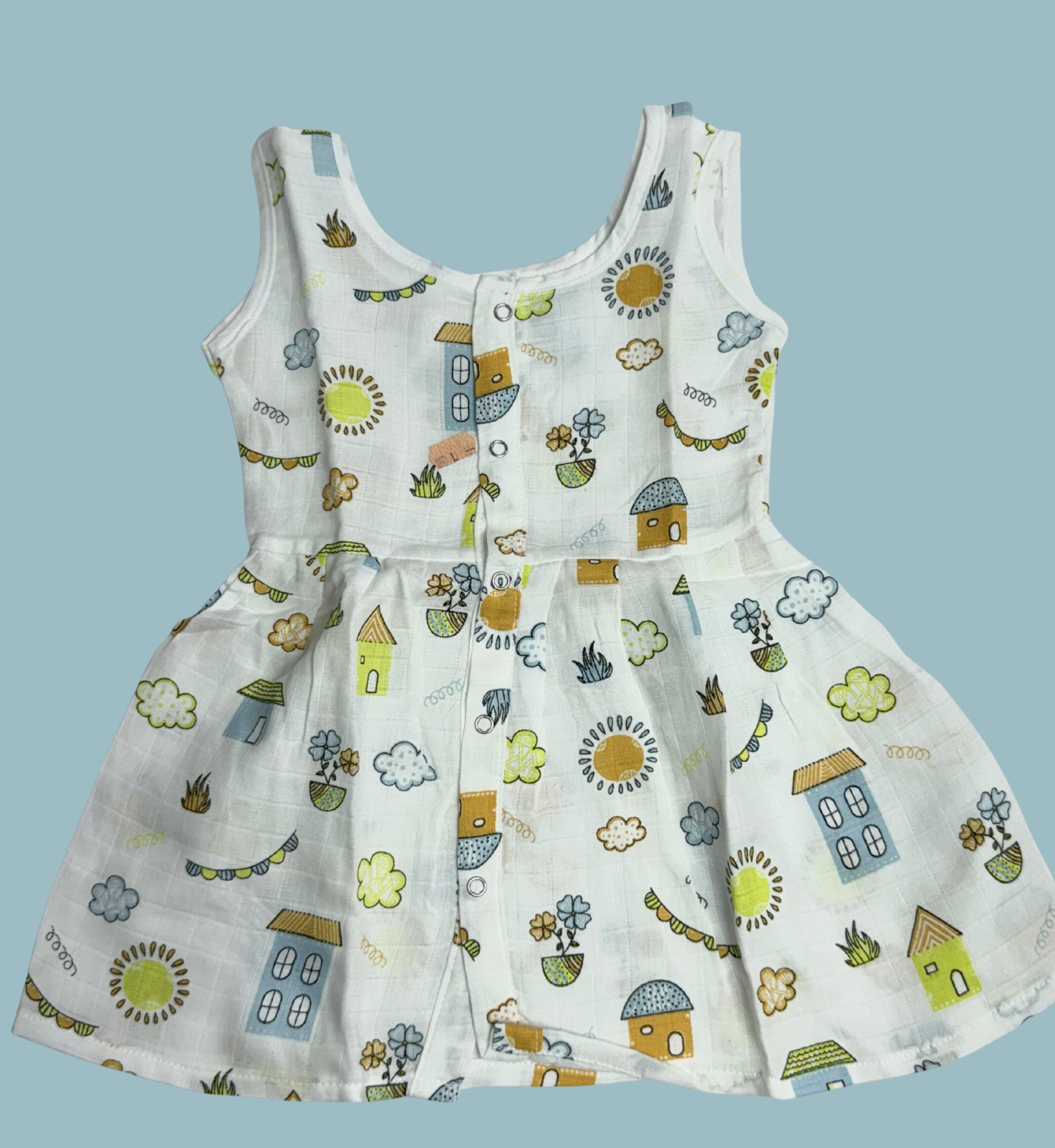 Muslin Cotton Baby Frock – Sleeveless Front Open | House & Garden Print