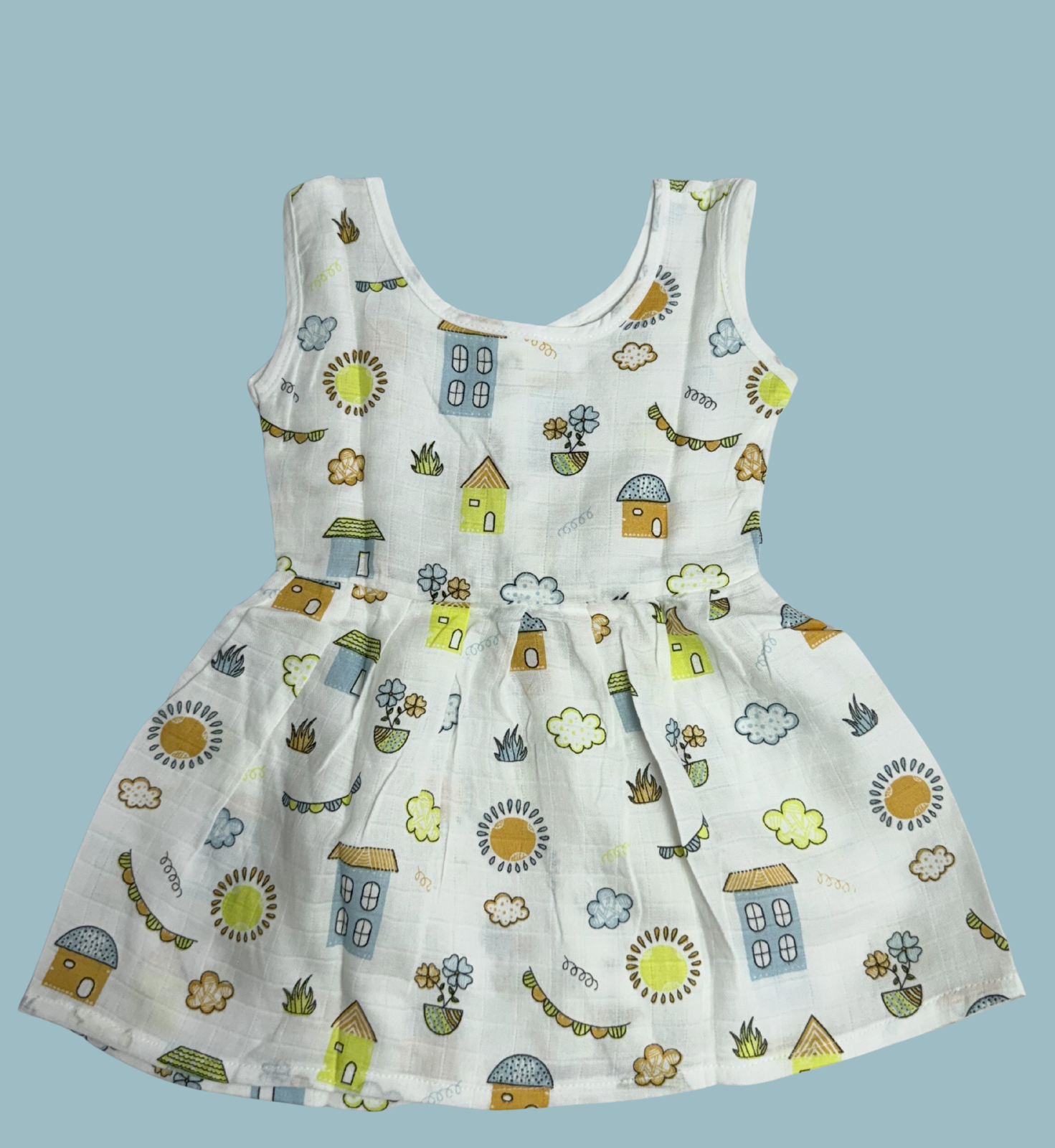 Muslin Cotton Baby Frock – Sleeveless Front Open | House & Garden Print