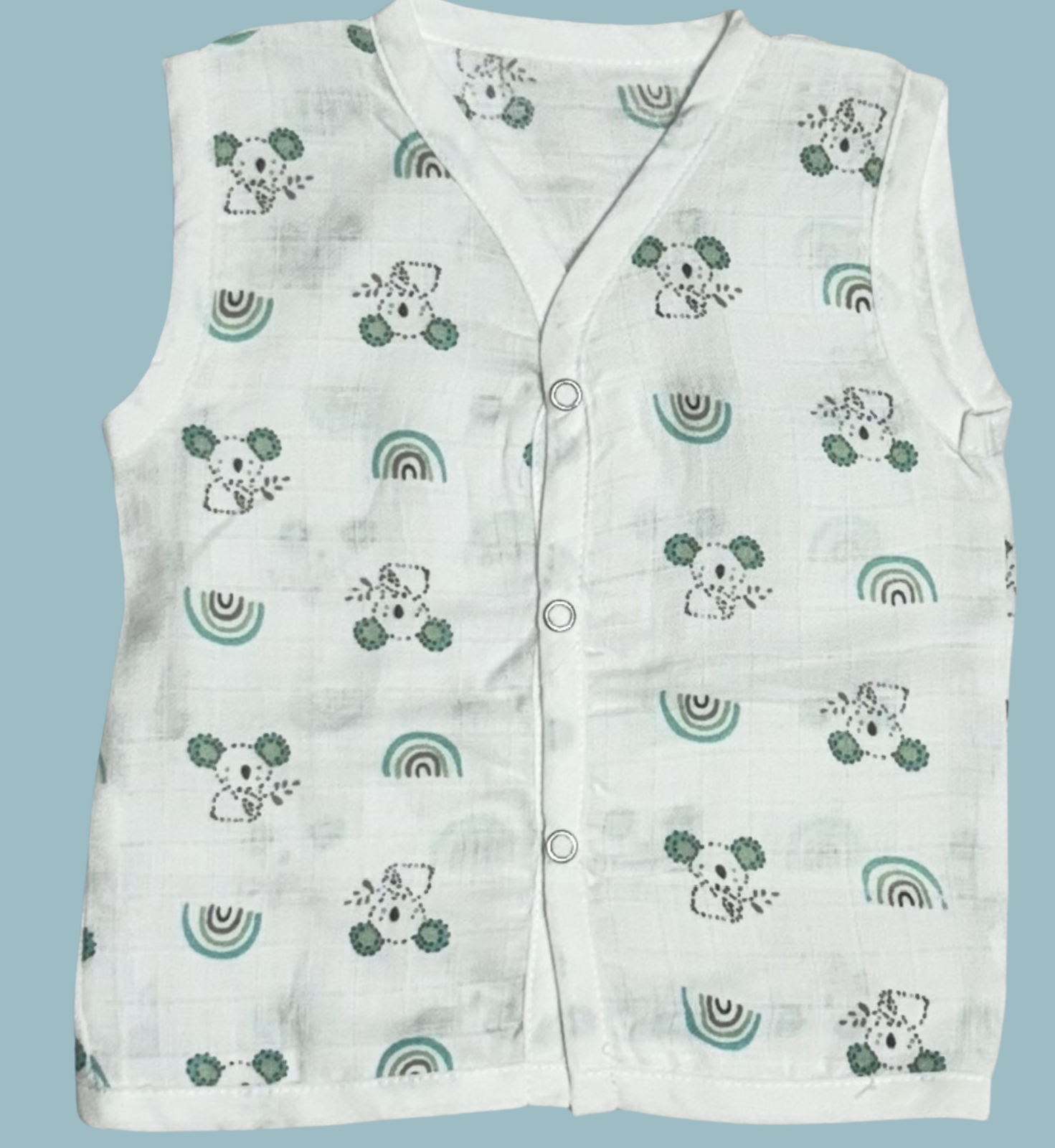 Muslin Cotton Baby Jabla Combo – Sleeveless Front Open | Rainbow, Hearts & Panda Print (Pack of 3)